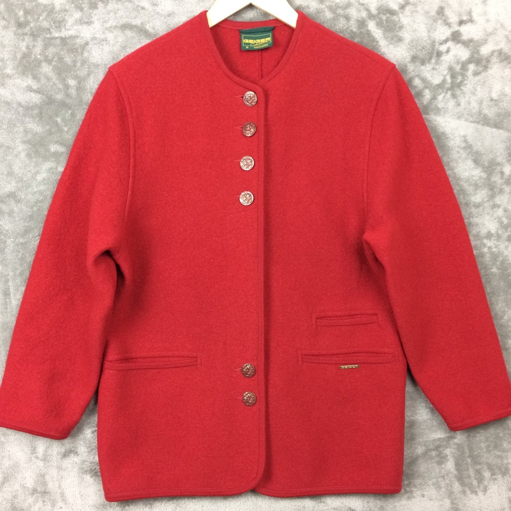 Geiger Collections Jacket Women 36 Red Boiled Wool Cardigan Austria Lion Buttons